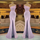 Sequins Formal Dresses Light Purple Mermaid Evening Prom Dresses Long Slit Strapless